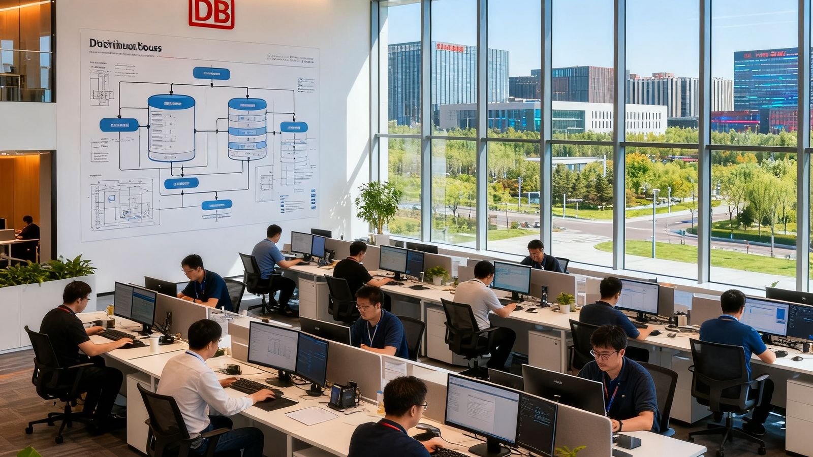 DB旗舰集团北京总部开放式办公区，数十位工程师在现代化环境中专注工作，落地窗外可见中关村科技园区景观，墙面展示着分布式数据库架构蓝图